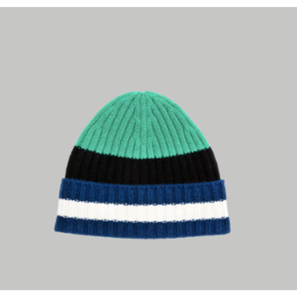 NWT Everlane Unisex Cashmere Wool Ribbed Multi-Stripe Beanie Green Navy OS main image 6